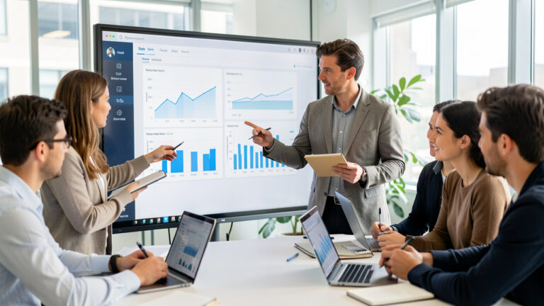 Deux équipes marketing et ventes se réunissent en entreprise moderne devant un grand tableau de bord, avec une femme en train de présenter des analyses pendant que l’équipe prend des notes.