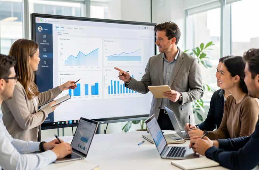 Deux équipes marketing et ventes se réunissent en entreprise moderne devant un grand tableau de bord, avec une femme en train de présenter des analyses pendant que l’équipe prend des notes.