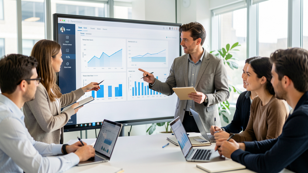 Deux équipes marketing et ventes se réunissent en entreprise moderne devant un grand tableau de bord, avec une femme en train de présenter des analyses pendant que l’équipe prend des notes.