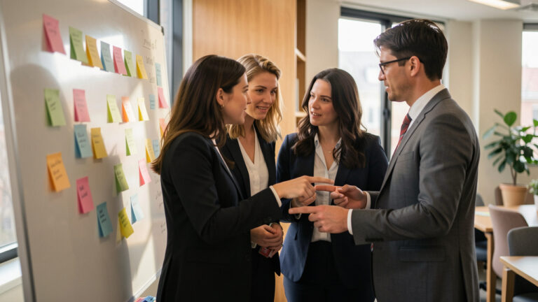 Deux femmes et un homme en réunion dans un bureau moderne et créatif, discutant devant une grande surface couverte de post-it colorés.