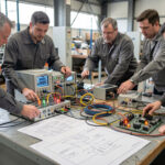 Stratégie CEM entreprise : 7 piliers pour industrialiser la conformité Une équipe d’ingénierie industrielle se réunit autour d’un établi d’électronique, avec des schémas, des instruments de test et un tableau de pilotage pour l’étude de la CEM.