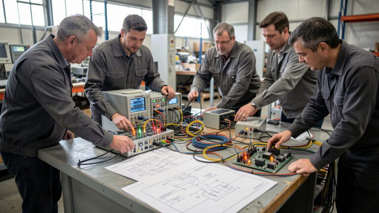 Une équipe d’ingénierie industrielle se réunit autour d’un établi d’électronique, avec des schémas, des instruments de test et un tableau de pilotage pour l’étude de la CEM.