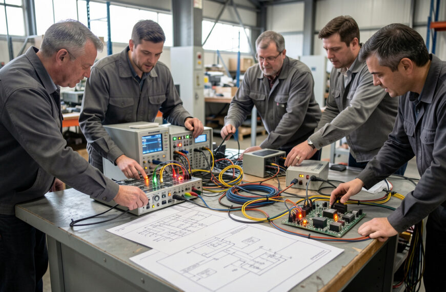 Une équipe d’ingénierie industrielle se réunit autour d’un établi d’électronique, avec des schémas, des instruments de test et un tableau de pilotage pour l’étude de la CEM.