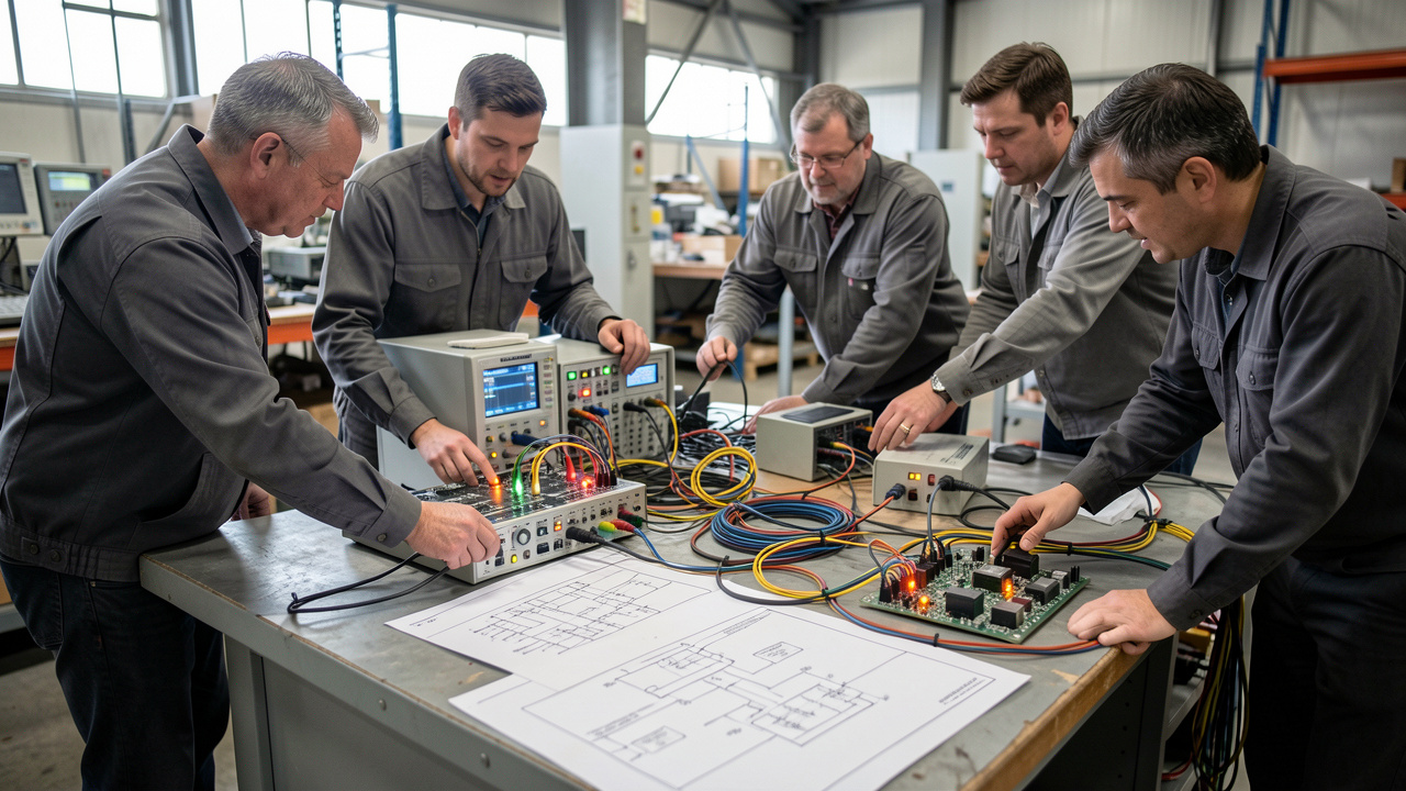 Une équipe d’ingénierie industrielle se réunit autour d’un établi d’électronique, avec des schémas, des instruments de test et un tableau de pilotage pour l’étude de la CEM.