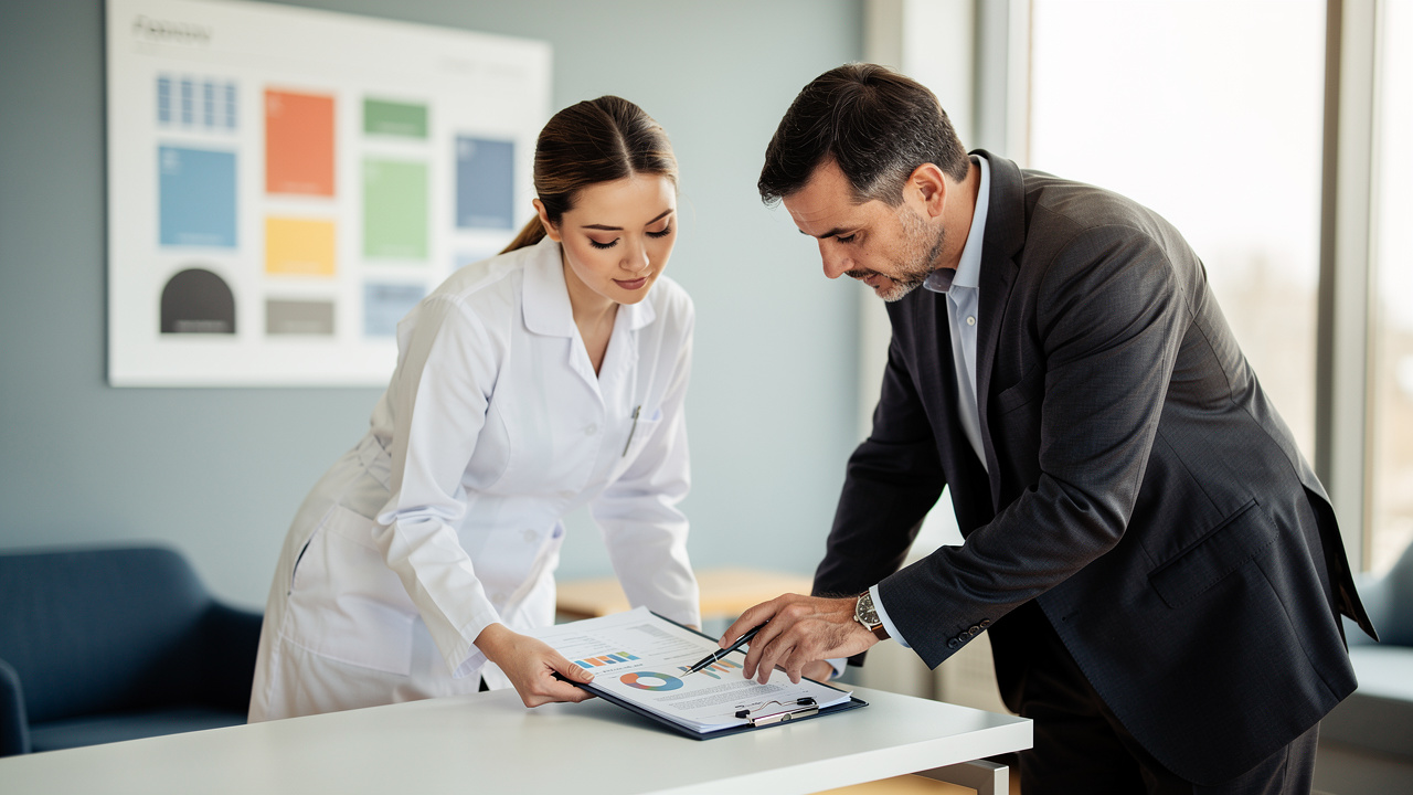 Un expert-comptable échange avec une infirmière libérale dans un bureau lumineux, tous deux consultant des documents devant un tableau de charges et de cotisations.