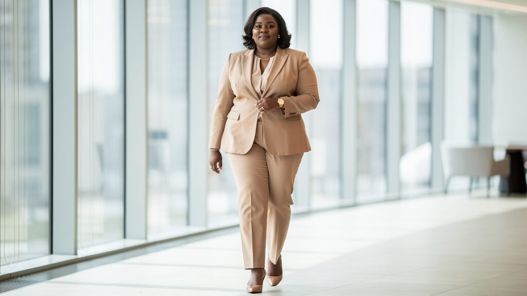 Femme grande taille en tenue de bureau élégante, blazer structuré et pantalon droit, marchant dans un environnement professionnel lumineux.
