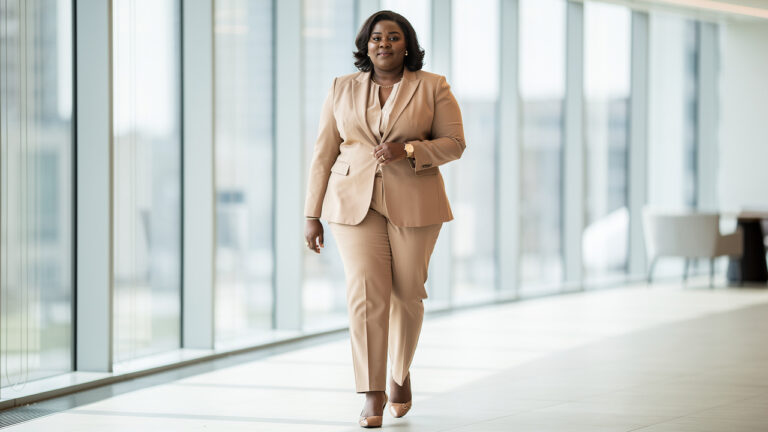 Femme grande taille en tenue de bureau élégante, blazer structuré et pantalon droit, marchant dans un environnement professionnel lumineux.