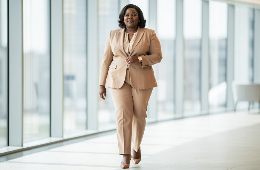 Femme grande taille en tenue de bureau élégante, blazer structuré et pantalon droit, marchant dans un environnement professionnel lumineux.