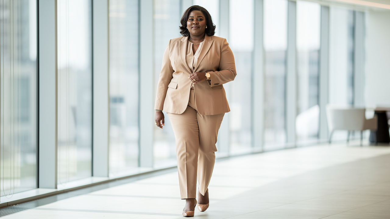 Femme grande taille en tenue de bureau élégante, blazer structuré et pantalon droit, marchant dans un environnement professionnel lumineux.