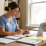 Infirmière libérale travaillant dans un bureau organisé : agenda, ordinateur portable et dossiers professionnels, lumière naturelle douce, ambiance réaliste et soignée.