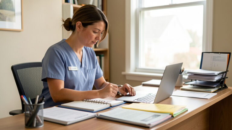 Infirmière libérale travaillant dans un bureau organisé : agenda, ordinateur portable et dossiers professionnels, lumière naturelle douce, ambiance réaliste et soignée.