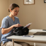 Comptabilité d’une infirmière libérale : pourquoi faire appel à un expert-comptable spécialisé Une infirmière libérale à son bureau, après une tournée, examine des documents avec un ordinateur ouvert dans une ambiance professionnelle sobre.