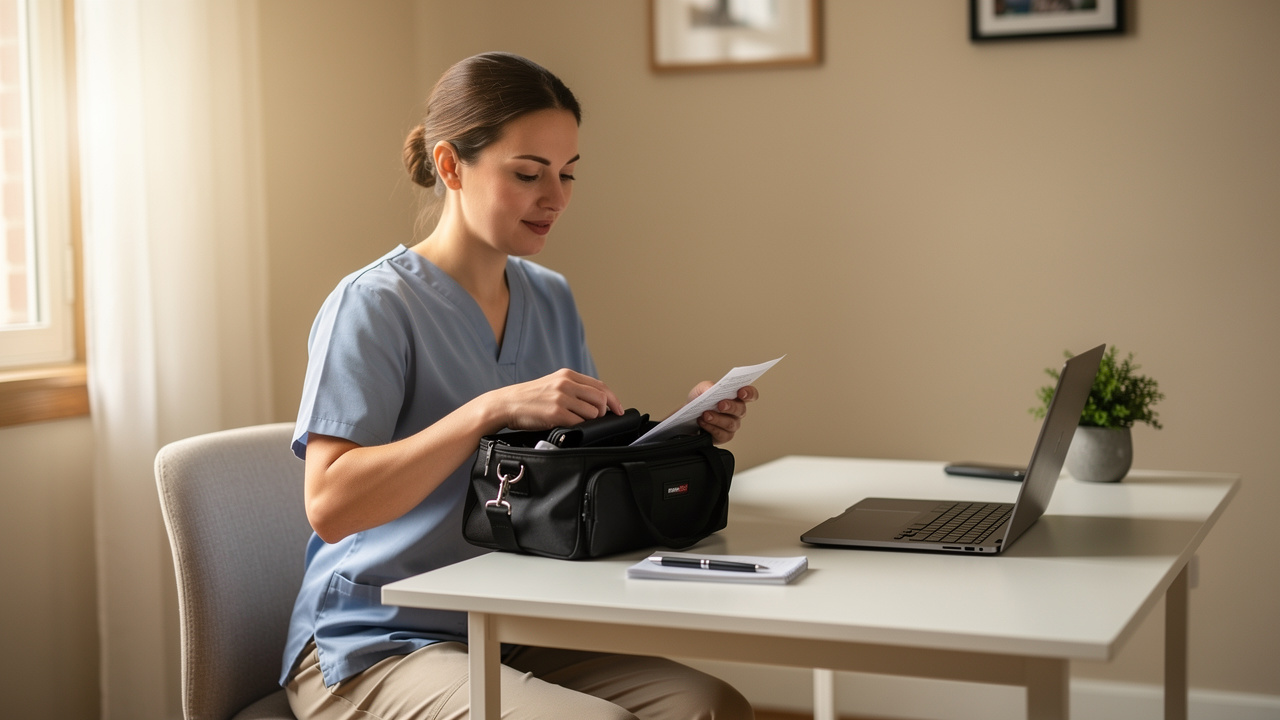 Une infirmière libérale à son bureau, après une tournée, examine des documents avec un ordinateur ouvert dans une ambiance professionnelle sobre.