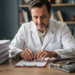 Un médecin libéral dans son cabinet, consultant des documents de prévoyance et de protection sociale, assis à un bureau sous une lumière naturelle douce.
