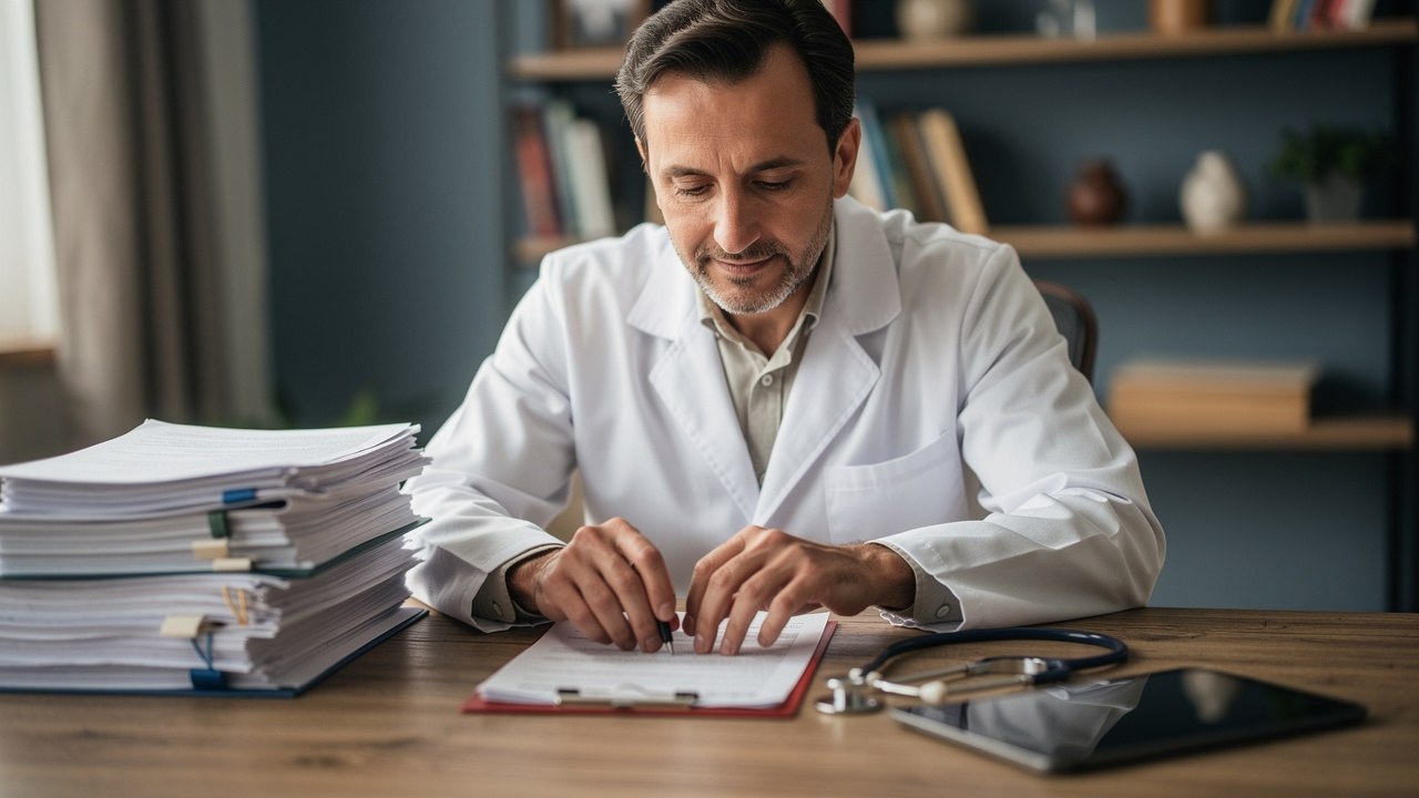 Un médecin libéral dans son cabinet, consultant des documents de prévoyance et de protection sociale, assis à un bureau sous une lumière naturelle douce.