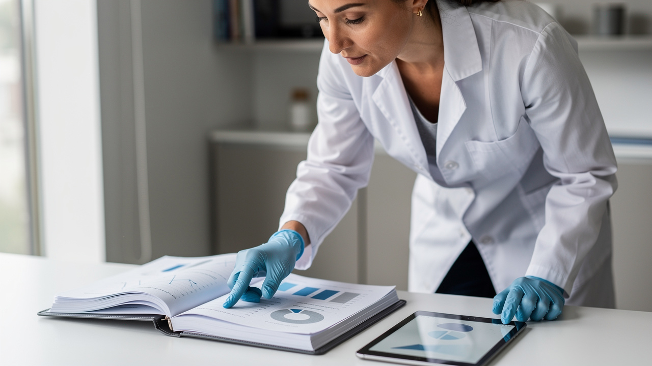 Une femme professionnelle paramédicale examine un dossier sur un bureau, étudiant des graphiques liés aux garanties d’assurance et à la protection du patrimoine.