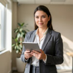 Image de marque personnelle professionnelle : construire une cohérence crédible au travail Une femme d’affaires confiante dans un bureau moderne, éclairage naturel provenant des fenêtres, posture assurée et tenue professionnelle.