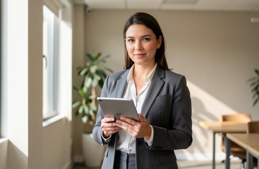 Une femme d’affaires confiante dans un bureau moderne, éclairage naturel provenant des fenêtres, posture assurée et tenue professionnelle.
