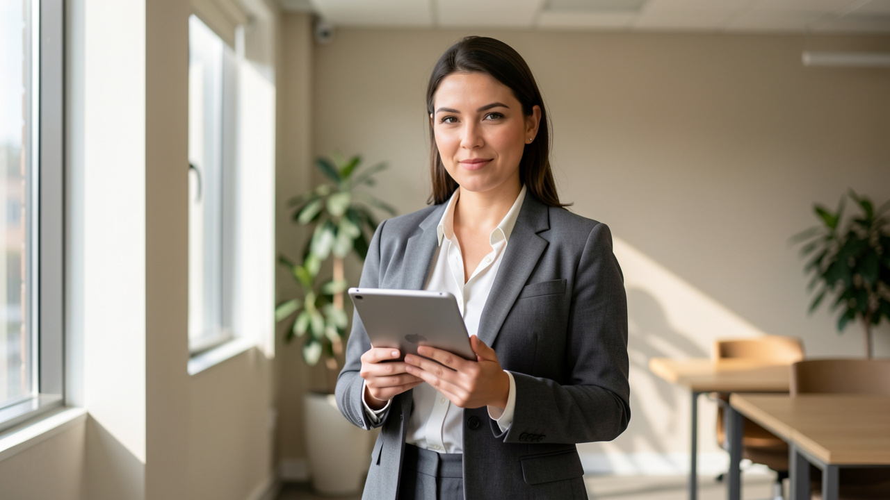 Une femme d’affaires confiante dans un bureau moderne, éclairage naturel provenant des fenêtres, posture assurée et tenue professionnelle.