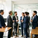 Des professionnels en tenue de bureau variée dans un open space moderne et lumineux, échangeant calmement près de bureaux et cloisons en verre.