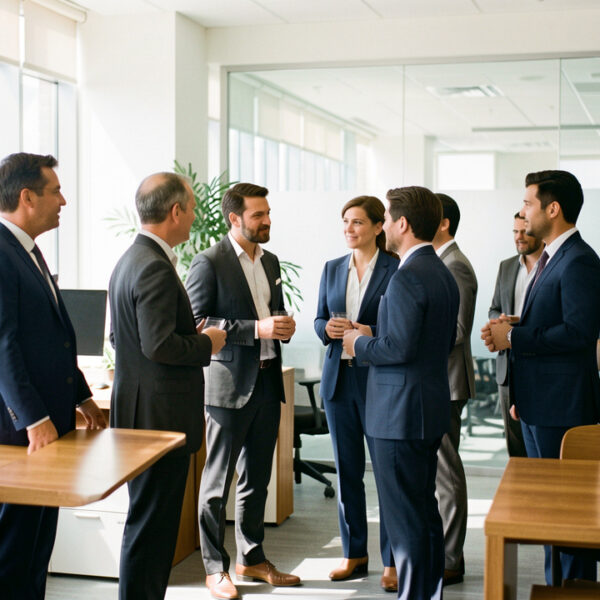 Des professionnels en tenue de bureau variée dans un open space moderne et lumineux, échangeant calmement près de bureaux et cloisons en verre.