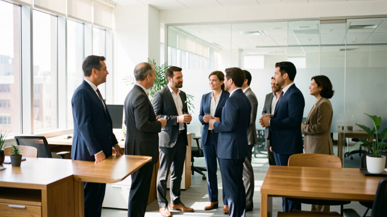 Des professionnels en tenue de bureau variée dans un open space moderne et lumineux, échangeant calmement près de bureaux et cloisons en verre.