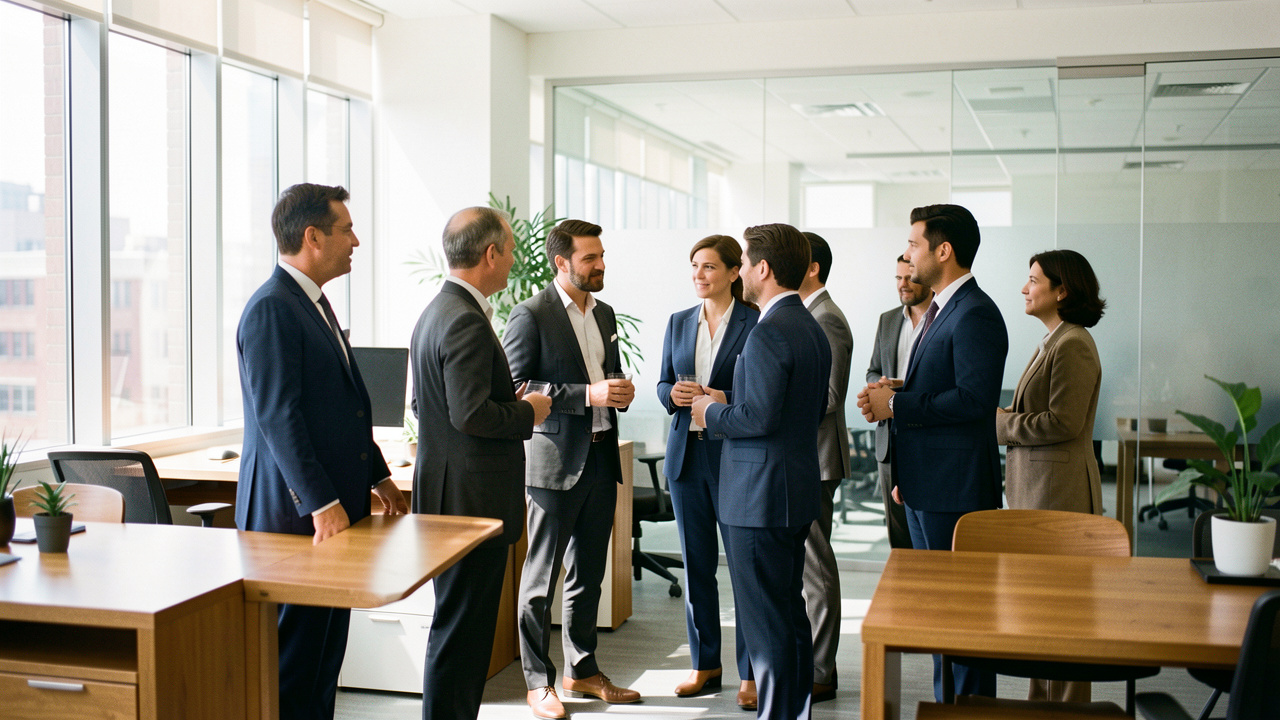 Des professionnels en tenue de bureau variée dans un open space moderne et lumineux, échangeant calmement près de bureaux et cloisons en verre.