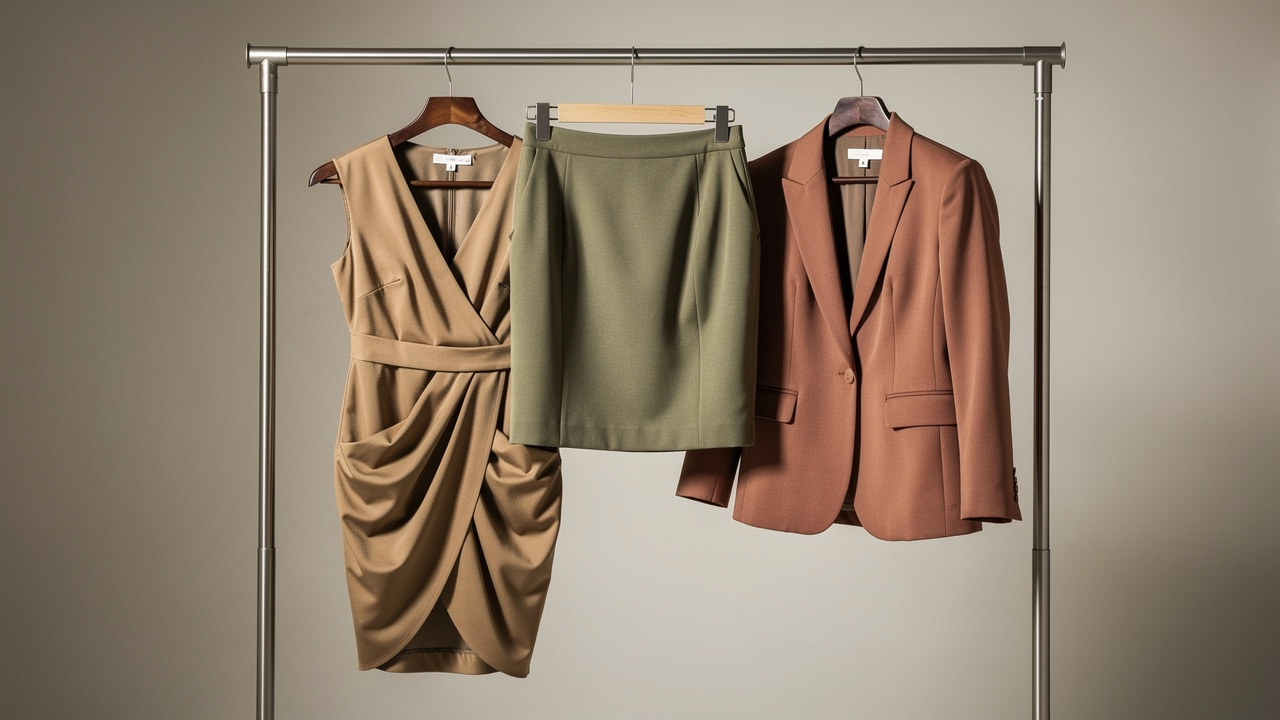 Sélection de vêtements professionnels grande taille sur portant : robe portefeuille, jupe crayon et veste structurée aux tons sobres.