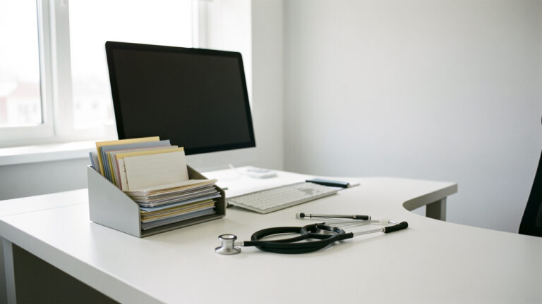Bureau moderne et organisé dans un cabinet médical libéral, avec ordinateur et dossiers, éclairage naturel lumineux et ambiance professionnelle rassurante.