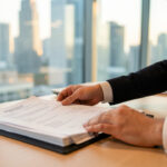 Financement projet immobilier professionnel : les points à vérifier avant de signer Un dirigeant examine un dossier de financement immobilier sur un bureau dans un bureau moderne, avec lumière naturelle et arrière-plan urbain flou.