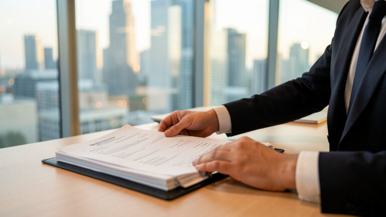 Un dirigeant examine un dossier de financement immobilier sur un bureau dans un bureau moderne, avec lumière naturelle et arrière-plan urbain flou.