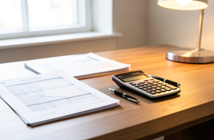 Documents de financement, calculatrice et stylo posés sur un bureau professionnel lumineux, ambiance sobre et rassurante.