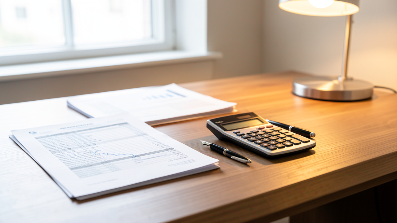 Documents de financement, calculatrice et stylo posés sur un bureau professionnel lumineux, ambiance sobre et rassurante.