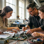 Démarche conformité CEM : structurer un projet industriel sans dérive Une équipe d’ingénierie se réunit en atelier industriel autour de plans techniques et d’un prototype électronique, en observant et ajustant des composants sur un établi.
