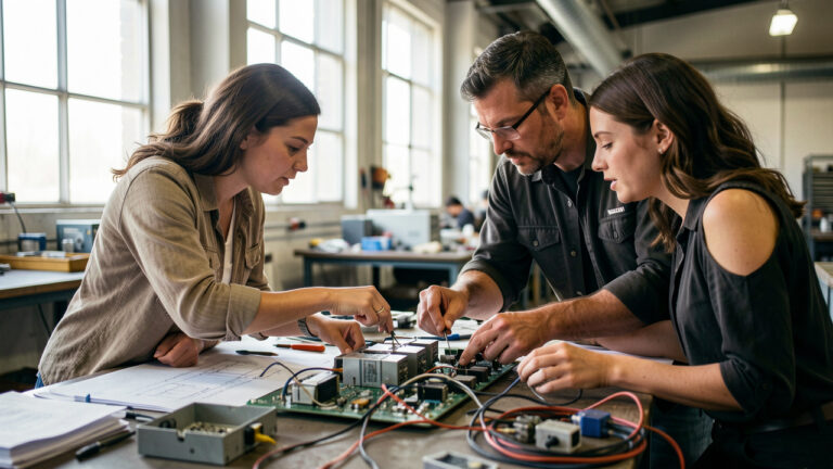 Une équipe d’ingénierie se réunit en atelier industriel autour de plans techniques et d’un prototype électronique, en observant et ajustant des composants sur un établi.