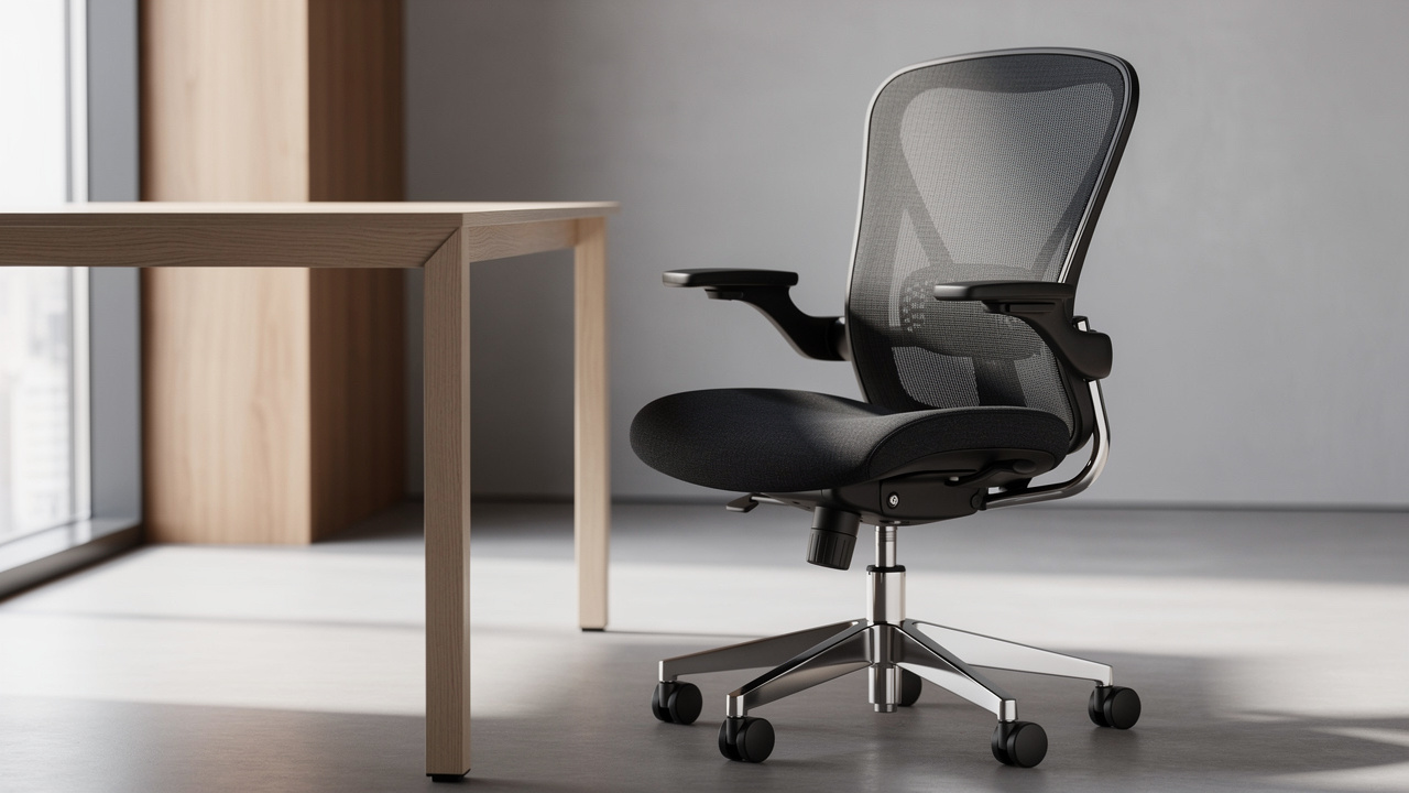 Fauteuil de bureau ergonomique noir avec dossier en maille, accoudoirs réglables et support lombaire, installé dans un bureau moderne.