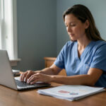 Gestion activité infirmière libérale : 7 piliers pour démarrer sereinement Infirmière libérale assise à son bureau, organisant des documents médicaux et utilisant un ordinateur portable dans une ambiance professionnelle et sereine.