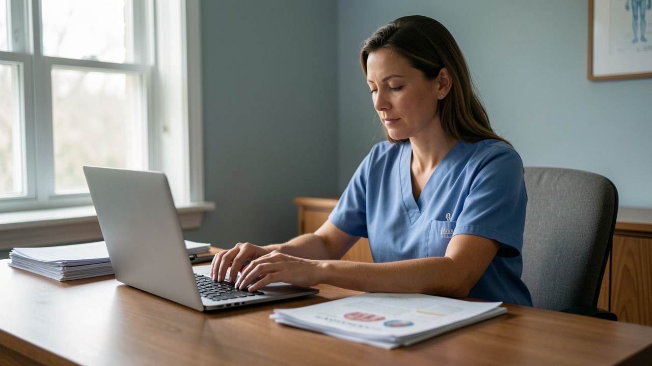 Infirmière libérale assise à son bureau, organisant des documents médicaux et utilisant un ordinateur portable dans une ambiance professionnelle et sereine.