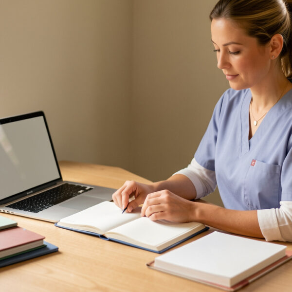 Infirmière libérale organisée à son bureau, avec un agenda aux pages vierges, un ordinateur portable et des dossiers professionnels sans étiquette, éclairée par la lumière naturelle.