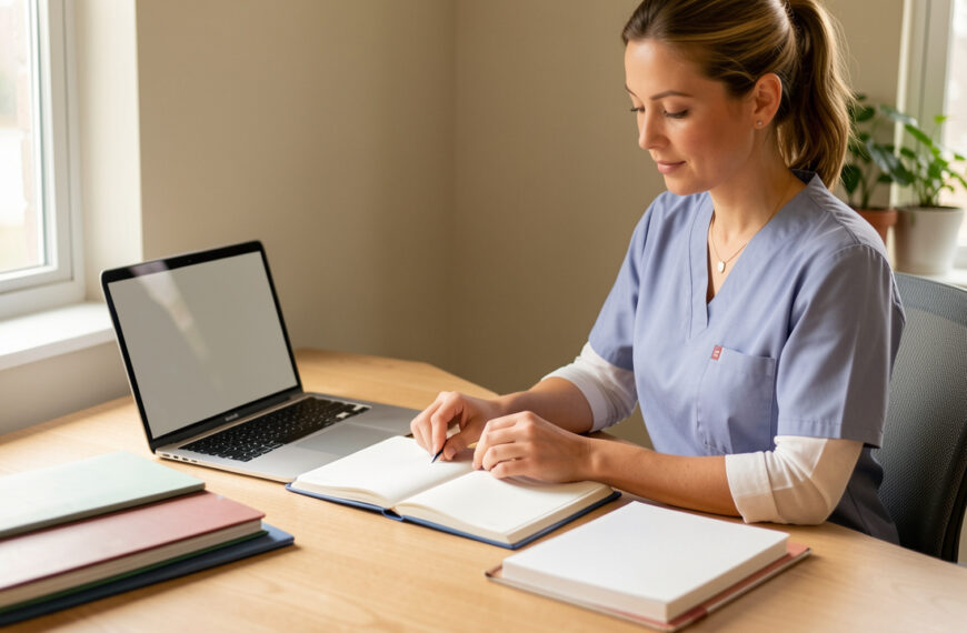 Infirmière libérale organisée à son bureau, avec un agenda aux pages vierges, un ordinateur portable et des dossiers professionnels sans étiquette, éclairée par la lumière naturelle.