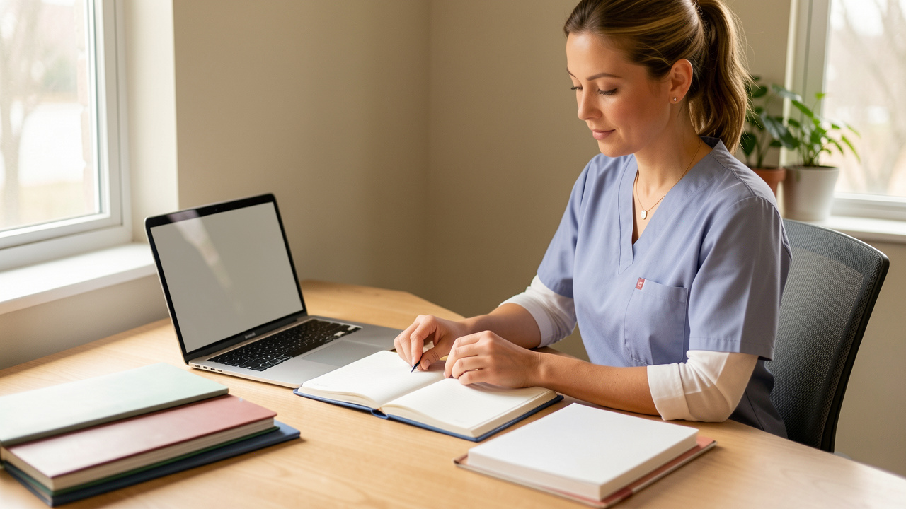 Infirmière libérale organisée à son bureau, avec un agenda aux pages vierges, un ordinateur portable et des dossiers professionnels sans étiquette, éclairée par la lumière naturelle.
