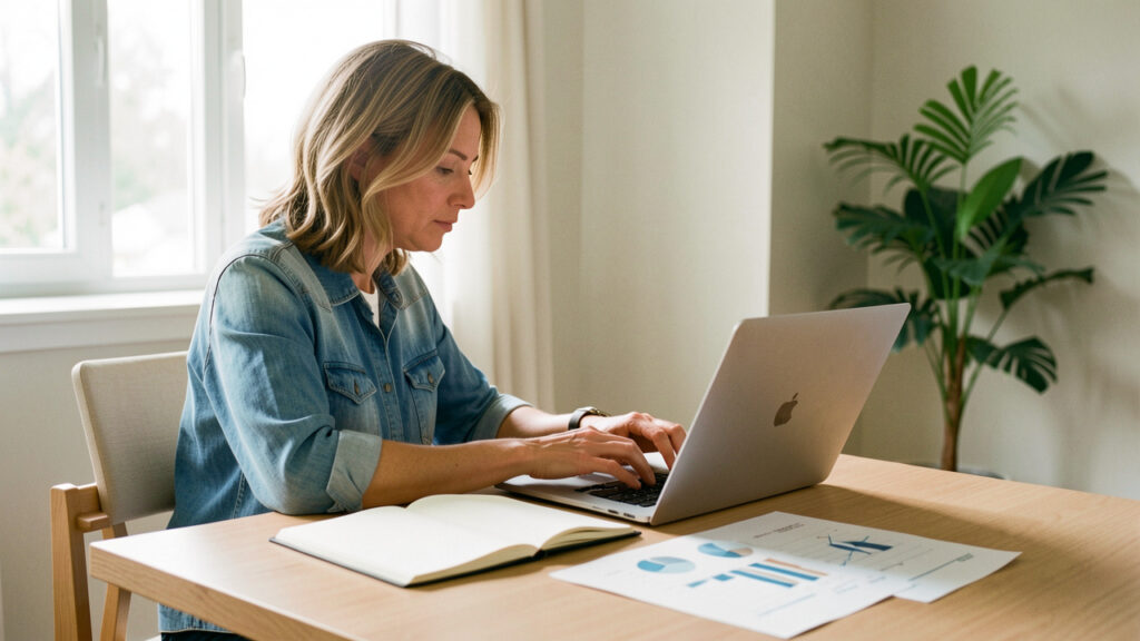 Une femme en reconversion professionnelle travaille sur un ordinateur, entourée d’un carnet ouvert et de graphiques marketing sans texte, dans un espace de travail lumineux.