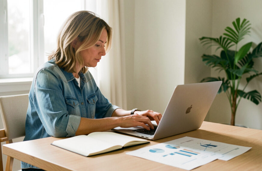Une femme en reconversion professionnelle travaille sur un ordinateur, entourée d’un carnet ouvert et de graphiques marketing sans texte, dans un espace de travail lumineux.