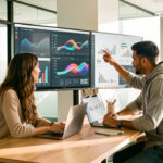 Les 8 métiers du marketing digital à connaître avant de choisir sa voie Une femme et deux hommes, professionnels du marketing digital, collaborent autour d’un bureau lumineux devant des tableaux de données abstraits.