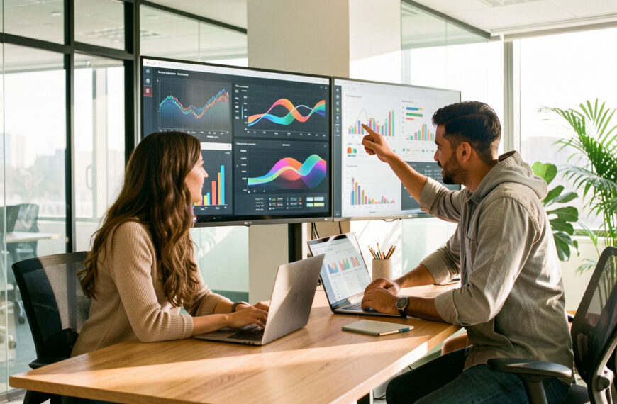 Une femme et deux hommes, professionnels du marketing digital, collaborent autour d’un bureau lumineux devant des tableaux de données abstraits.