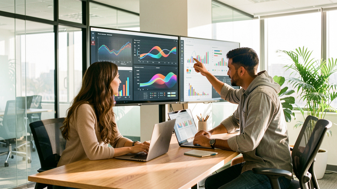 Une femme et deux hommes, professionnels du marketing digital, collaborent autour d’un bureau lumineux devant des tableaux de données abstraits.