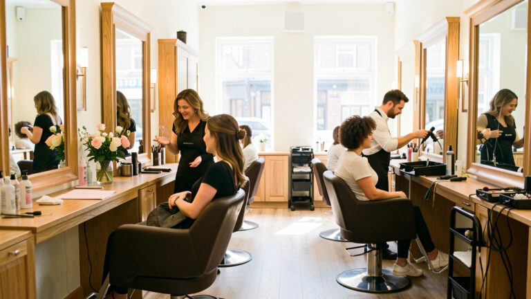 Intérieur lumineux et élégant d’un salon de coiffure, avec une coiffeuse accueillant une cliente et un coiffeur préparant son espace de travail.