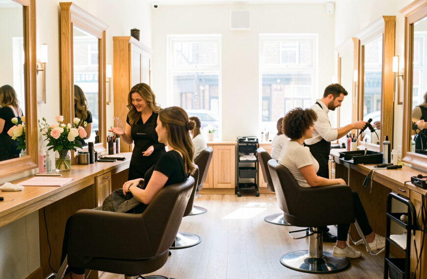 Intérieur lumineux et élégant d’un salon de coiffure, avec une coiffeuse accueillant une cliente et un coiffeur préparant son espace de travail.