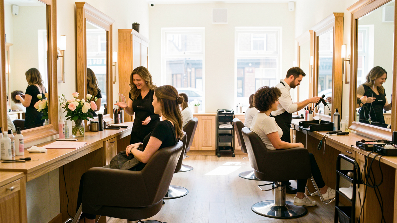 Intérieur lumineux et élégant d’un salon de coiffure, avec une coiffeuse accueillant une cliente et un coiffeur préparant son espace de travail.