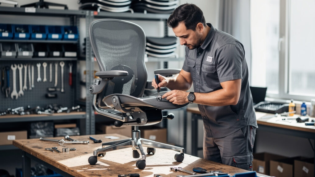 Technicien inspectant le mécanisme et les roulettes d’un fauteuil ergonomique reconditionné dans un atelier de mobilier professionnel.